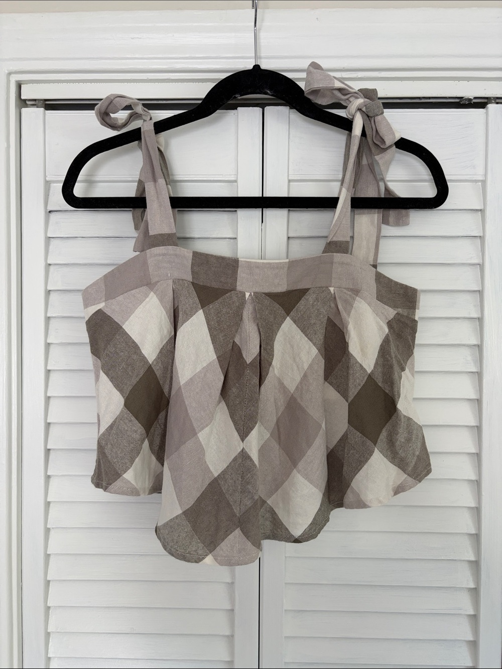 Versona Taupe & Cream Checked Tie-Shoulder Crop Top